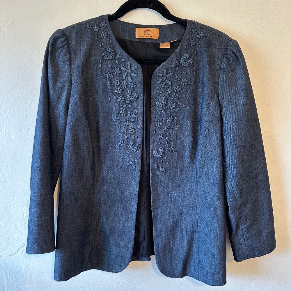 Dana Buchman Denim Blazer Jacket Flower embroidered Size 8 (J004)